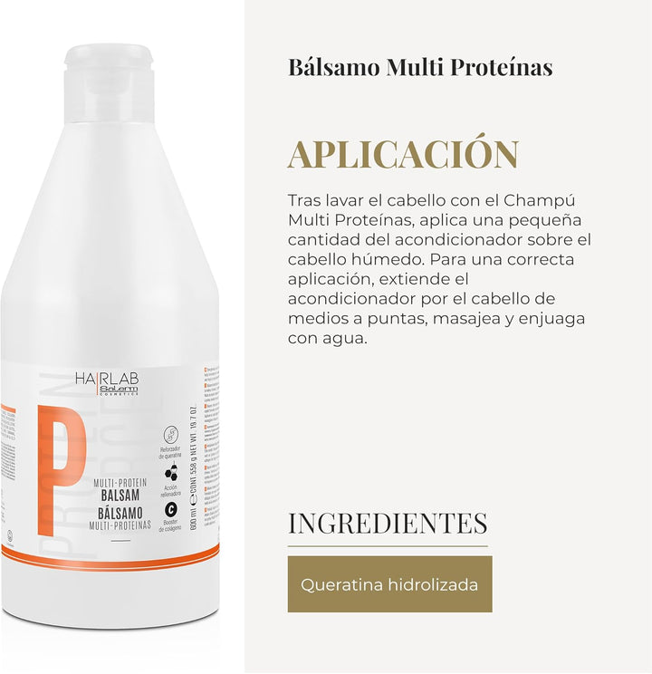 SALERM - Acondicionador Cabello - Bálsamo Multi-Proteínas Hair Lab - 600 ml - Repone la Falta de Queratina Natural - Proporciona Cuerpo a la Melena - Fortalece y Repara el Cabello - Sin Parabenos