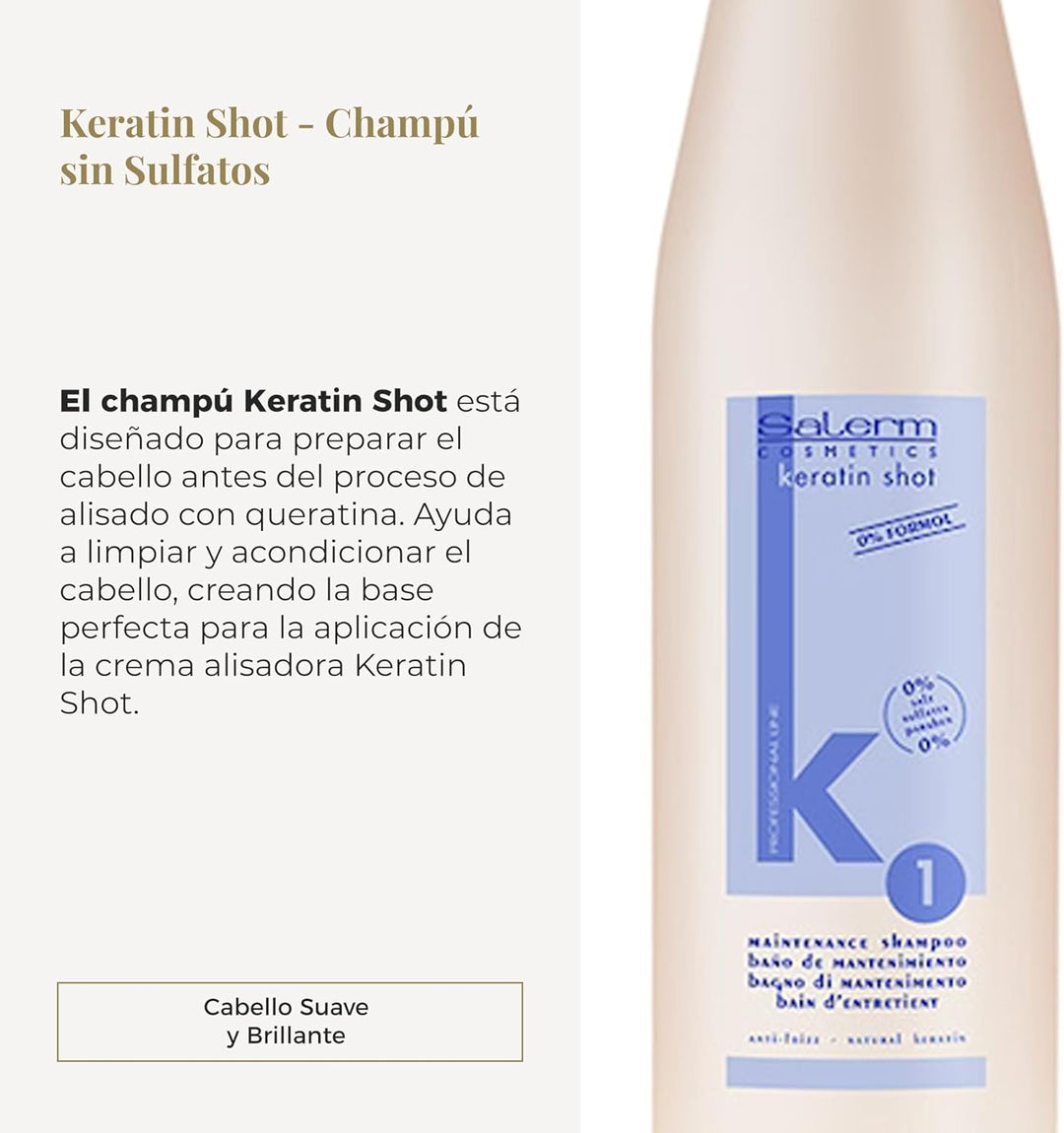 SALERM - Keratin Shot - Champú sin Sulfatos - 500 ml - Preparación y Mantenimiento para Tratamiento de Queratina para Alisar el Cabello - Cabello Suave y Brillante
