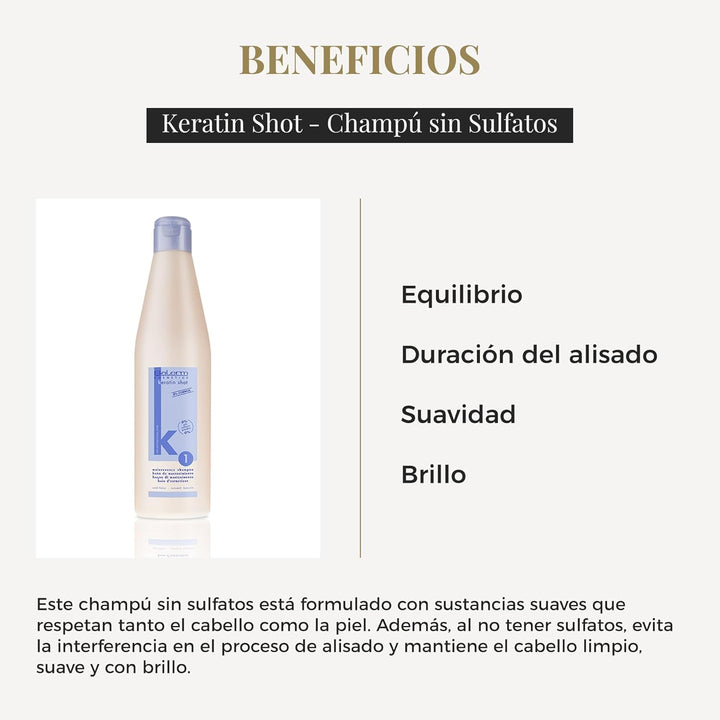 SALERM - Keratin Shot - Champú sin Sulfatos - 500 ml - Preparación y Mantenimiento para Tratamiento de Queratina para Alisar el Cabello - Cabello Suave y Brillante