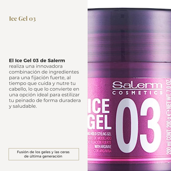 SALERM - Gel Fijador para el Pelo - Ice Gel 03-200 ml - Fijación Fuerte - Gel Efecto Mojado - Fijación e Hidratación del Cabello - con Arginina - Fortalece la Fibra Capilar