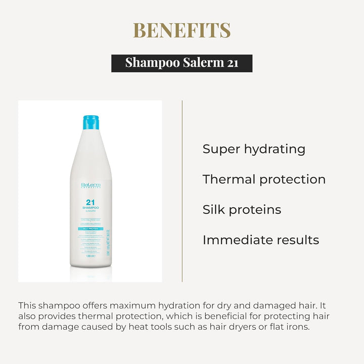 SALERM - Champú Hidratante - Salerm 21 Silk Protein - 1000 ml - Pelo Seco y Dañado - Proteínas de Seda - Nutre, Repara y Revitaliza el Cabello - Protección Térmica