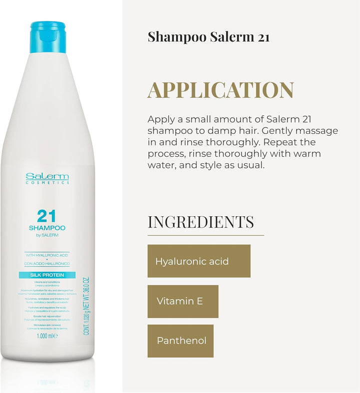 SALERM - Champú Hidratante - Salerm 21 Silk Protein - 1000 ml - Pelo Seco y Dañado - Proteínas de Seda - Nutre, Repara y Revitaliza el Cabello - Protección Térmica