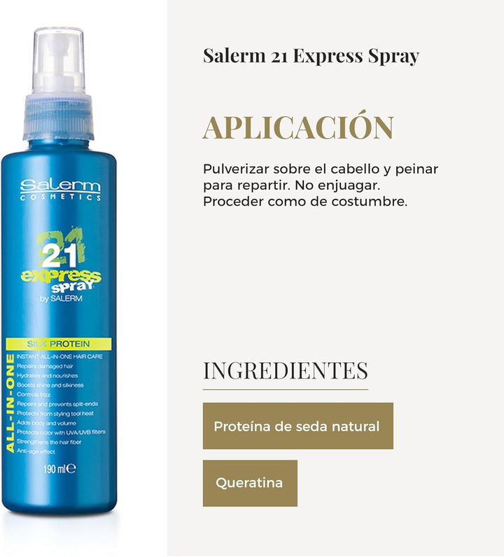 SALERM - Mascarilla sin Aclarado - 21 Express Spray - 190 ml - con Proteína de Seda - Repara el Pelo Dañado - Hidrata el Cabello - con Protector Térmico para el Pelo - Frizz Control