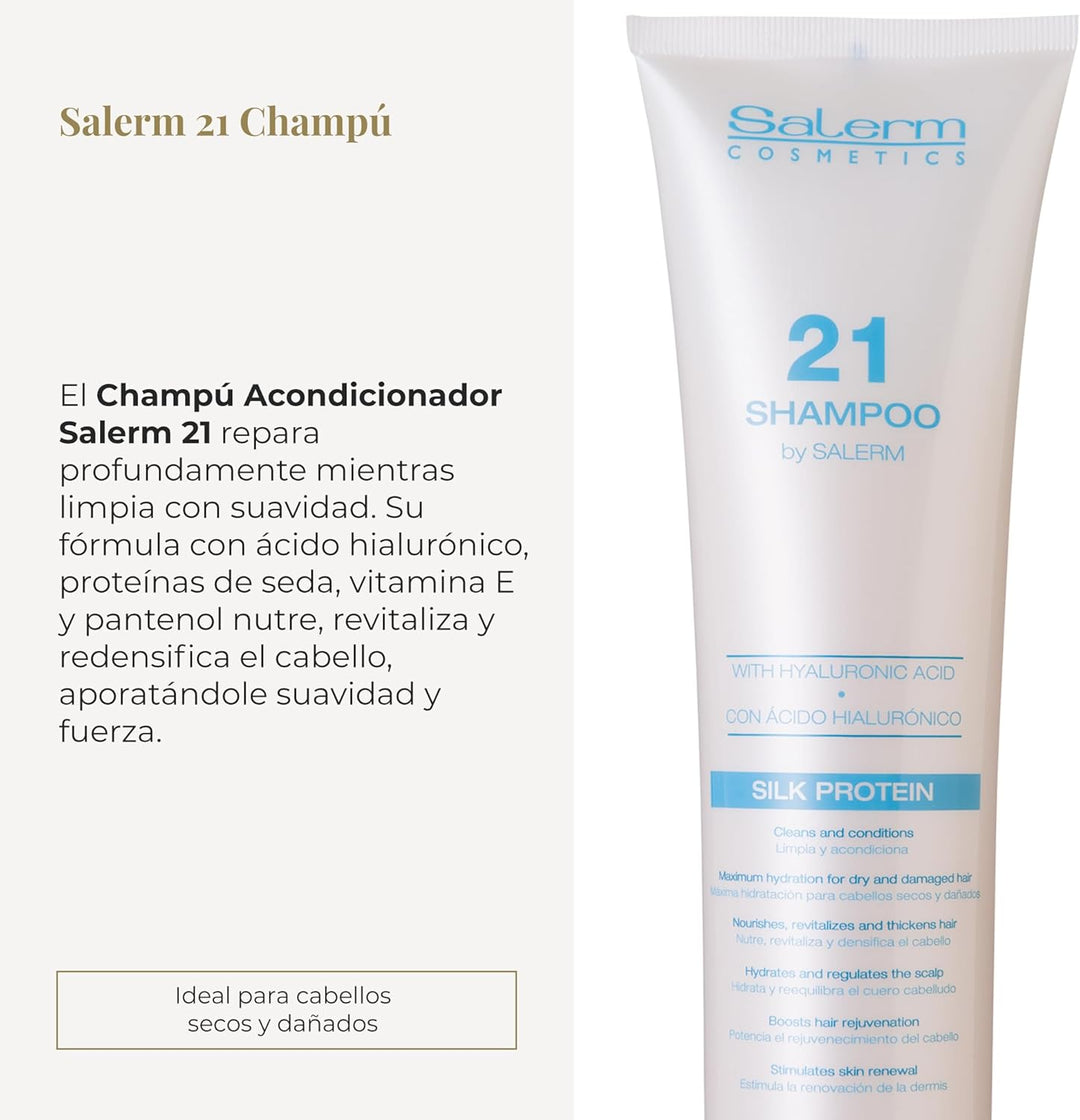 SALERM - Champú Hidratante - Salerm 21 Silk Protein - 300 ml - para Pelo Seco y Dañado - con Proteínas de Seda - Nutre, Repara y Revitaliza el Cabello - Protección Térmica