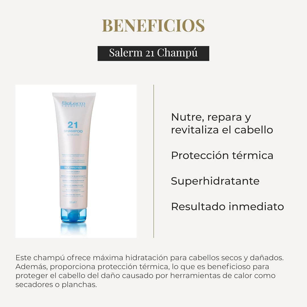 SALERM - Champú Hidratante - Salerm 21 Silk Protein - 300 ml - para Pelo Seco y Dañado - con Proteínas de Seda - Nutre, Repara y Revitaliza el Cabello - Protección Térmica