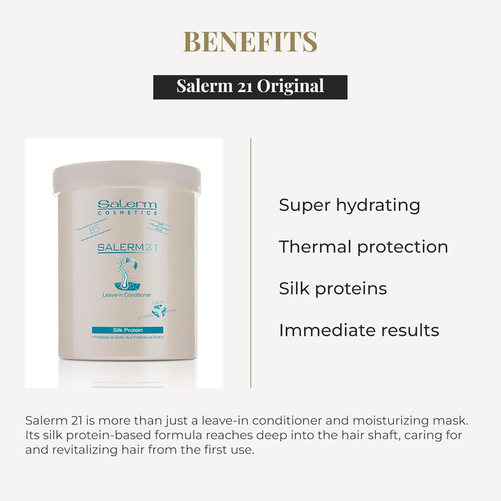 SALERM - Acondicionador de Pelo Instantáneo - Salerm 21 Silk Protein - 1000 ml - Acondicionador sin Aclarado o con Aclarado - con Proteínas de Seda - Protector del Calor e Hidratante
