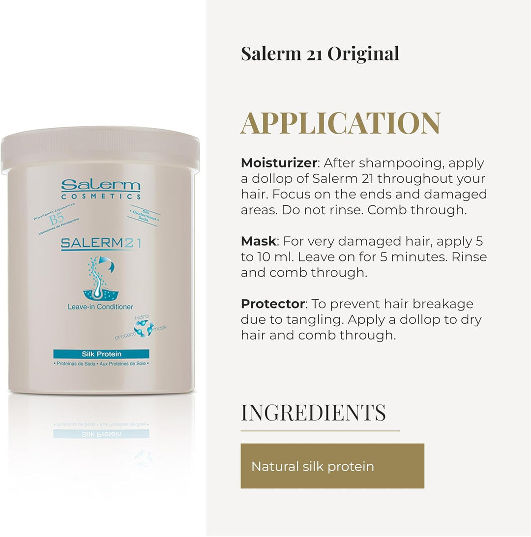 SALERM - Acondicionador de Pelo Instantáneo - Salerm 21 Silk Protein - 1000 ml - Acondicionador sin Aclarado o con Aclarado - con Proteínas de Seda - Protector del Calor e Hidratante