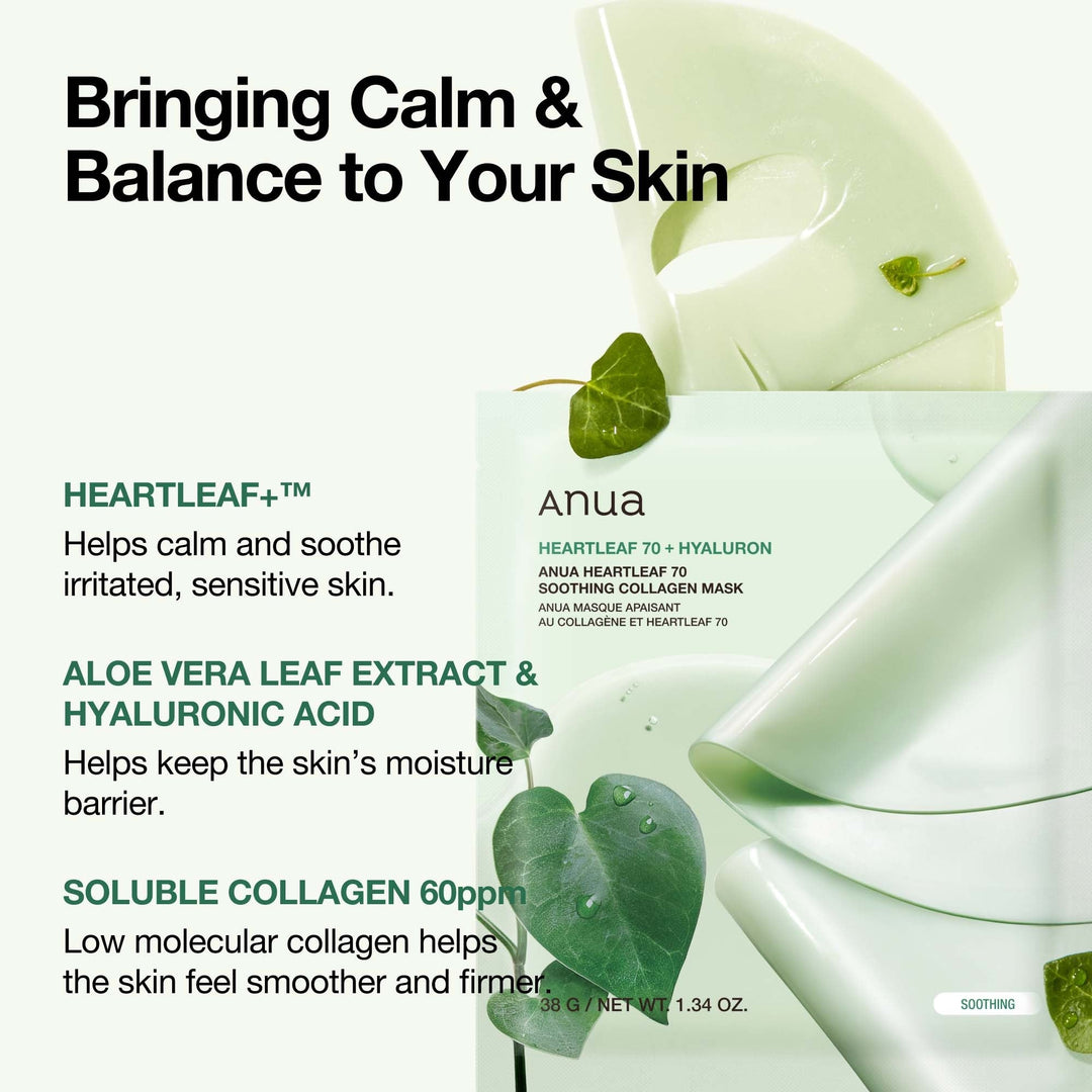 Anua - Heartleaf 70 Soothing Collagen Mask - Soothing Sheet mask with Collagen - 38g, Heartleaf