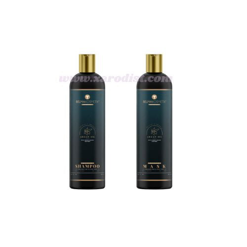 Belma kosmetik-Kit de mantenimiento de argán,champú 250 +mascarilla 250 +serúm 50 -Especial post alisado todo tipo de cabellos.