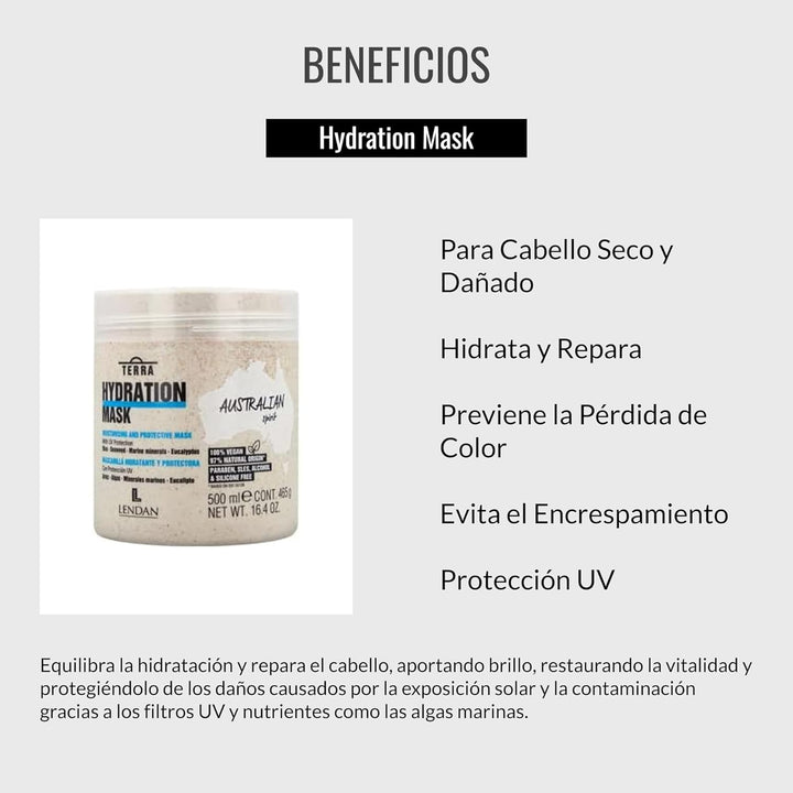 LENDAN - Mascarilla Hidratante para el Cabello - Terra Hydration Mask - 500 ml - para Cabello Seco y Dañado - Hidrata y Repara - Previene la Pérdida de Color - Evita el Encrespamiento