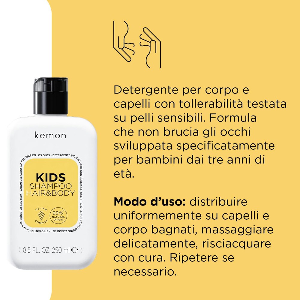 Kemon - Jabón Delicado para Niños Hair Care Kids Shampoo Hair &amp; Body 250 ml
