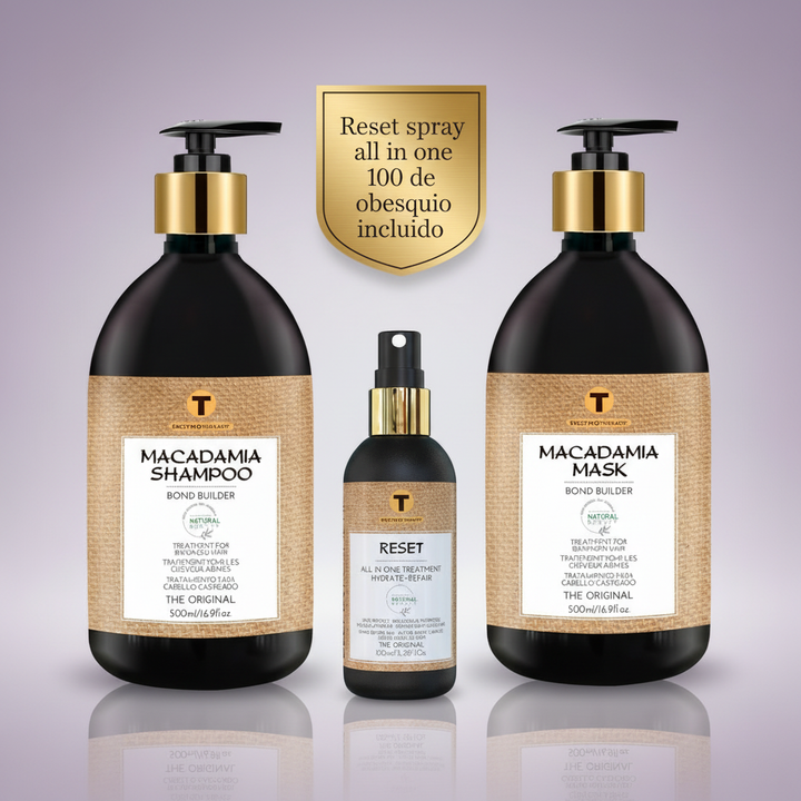 Belma kosmetik-Macadamia Home Care Kit 500+500 ml-Box de mantenimiento para casa + Regalo Reset Spray 100
